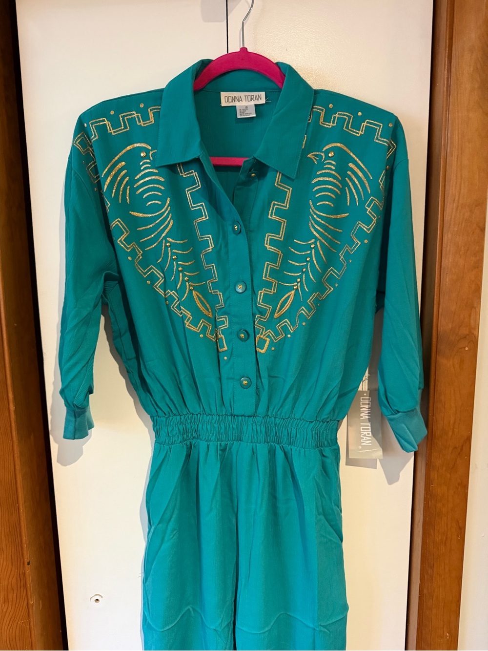 Vintage Donna Toran Teal Jumpsuit NWT Aztec Bird Studded Embroidered Size Small